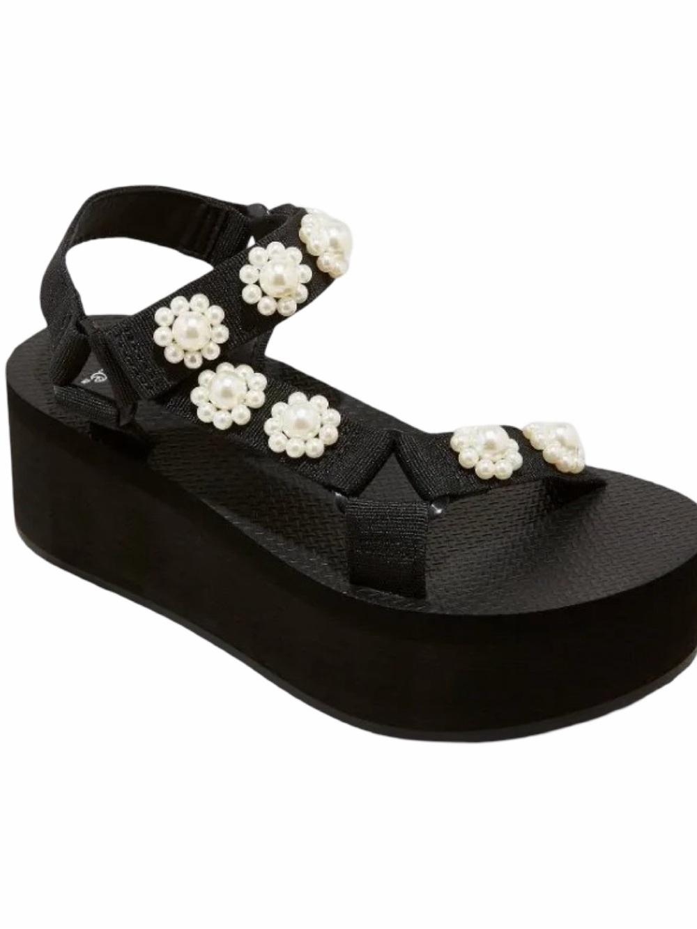 wild fable Black Platform Sandal with Pearl Flower Accents